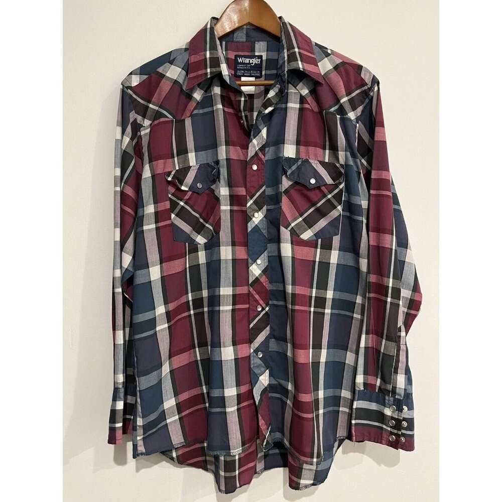 Vintage Wrangler Men’s Button-Up Western Shirt Pearl Snaps Plain 16.5 X 35 Large